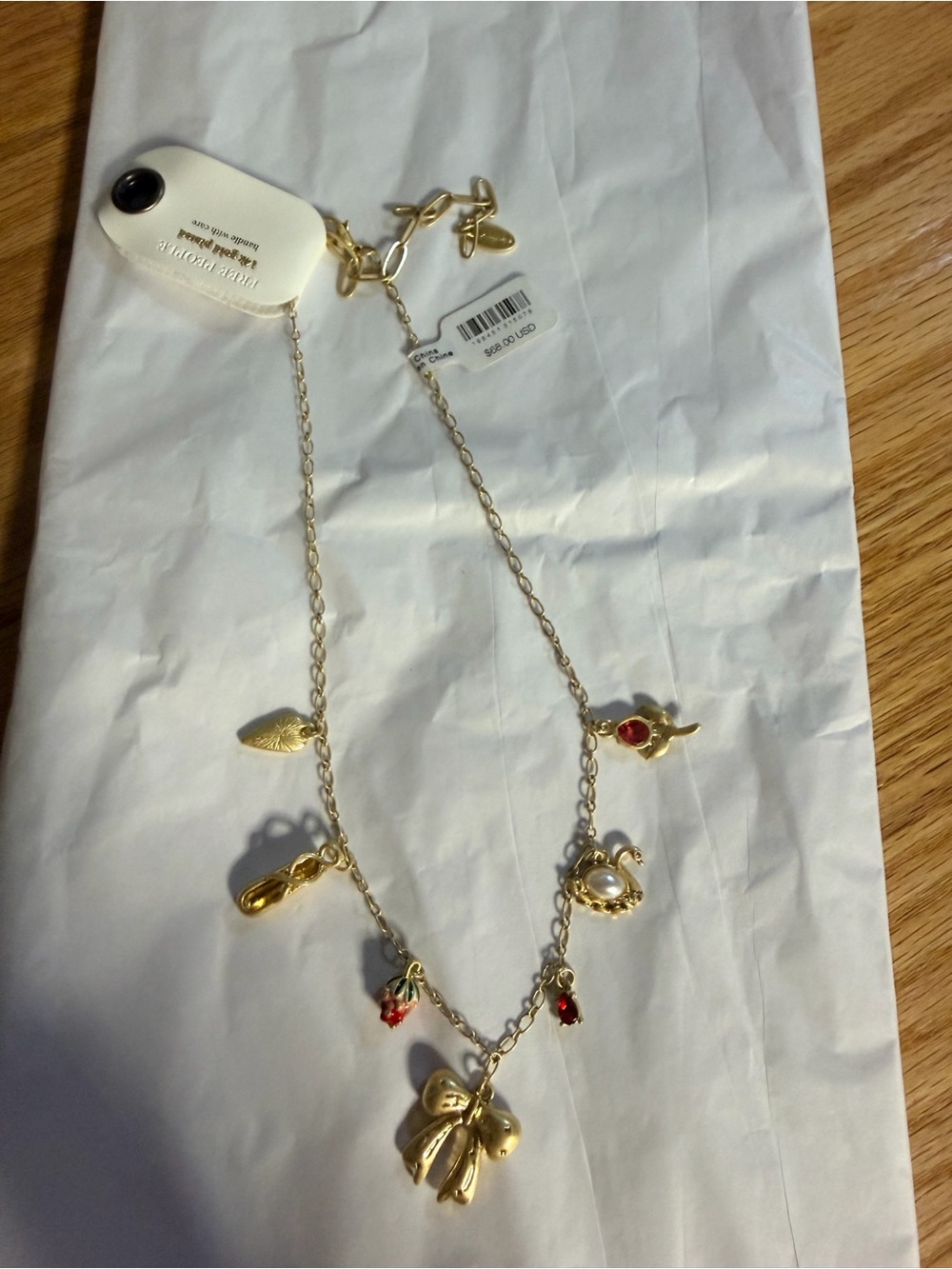 NWT Free People Gold Charm Necklace with Red Accents and Pearl Detail